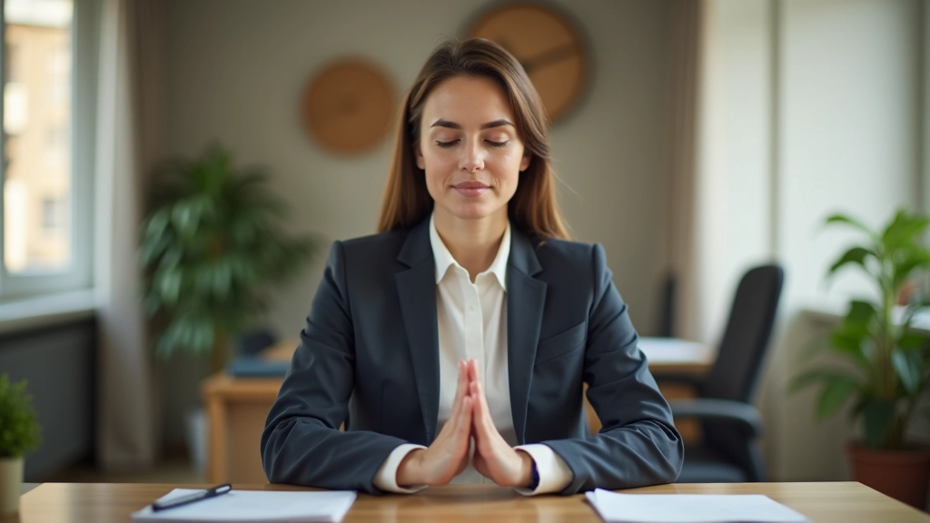 Profesyonel meditasyon ve mindfulness uygulaması yapıyor, sakin ofis ortamında