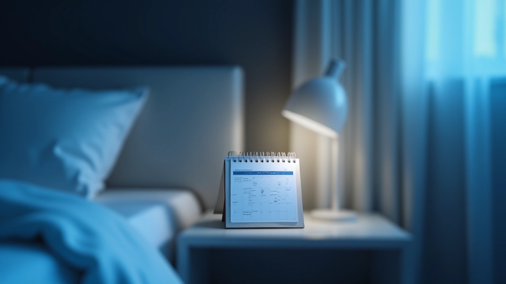 Uyku saatleri takvimi ve gece lambası, sakin yatak odası, mavi tonlar, minimalist tasarım